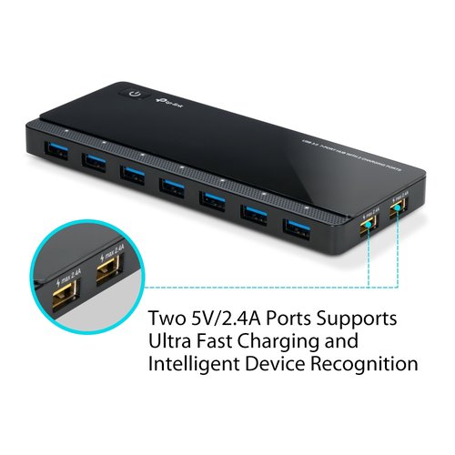TP-Link UH720 Hub USB de 9 puertos con 2 puertos de carga rápida, Negro