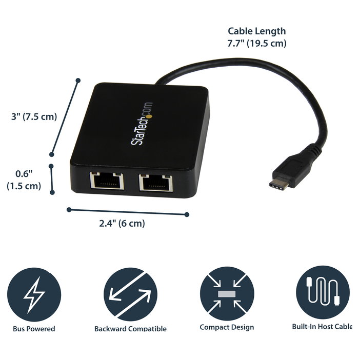 StarTech Adaptador de red USB-C con doble puerto Ethernet Gigabit y puerto USB 3.0 Tipo-A