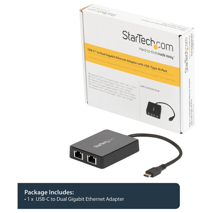 StarTech Adaptador de Red USB-C Dual-Gigabit Ethernet con Puerto USB-A - 2 Puertos RJ-45 Gigabit, USB 3.2 Gen 1, Negro