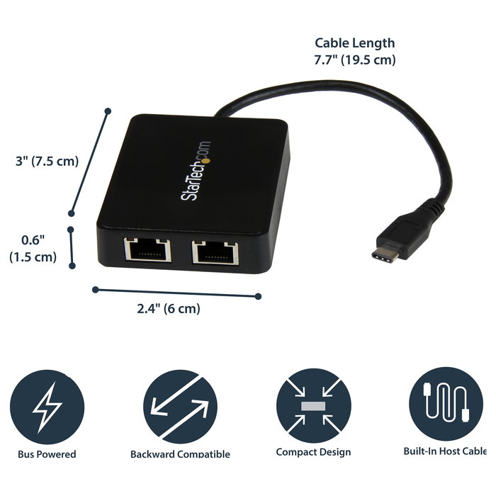 StarTech Adaptador de Red USB-C Dual-Gigabit Ethernet con Puerto USB-A - 2 Puertos RJ-45 Gigabit, USB 3.2 Gen 1, Negro
