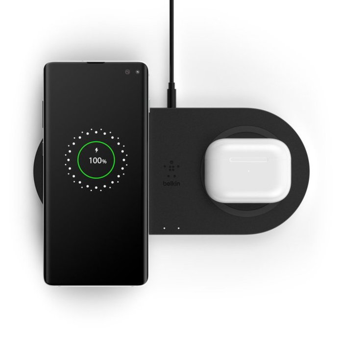Belkin WIZ002VFBK Base de Carga Inalámbrica Doble para Smartphones y Auriculares, Negro, Tecnología Qi, Carga Rápida de 10W
