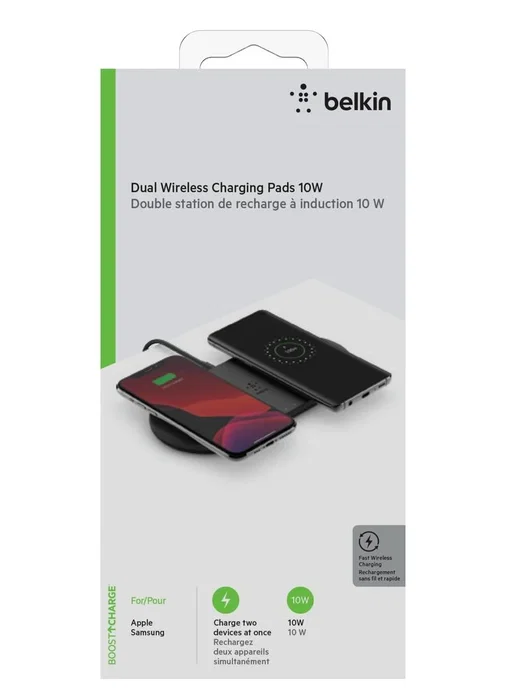 Belkin Boost Charge Base de Carga Inalámbrica Dual 10W Carga Rápida con Fuente de Alimentación, Negro