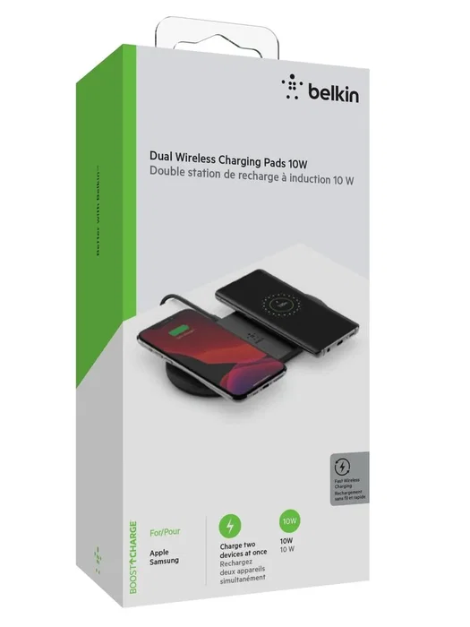 Belkin Boost Charge Base de Carga Inalámbrica Dual 10W Carga Rápida con Fuente de Alimentación, Negro