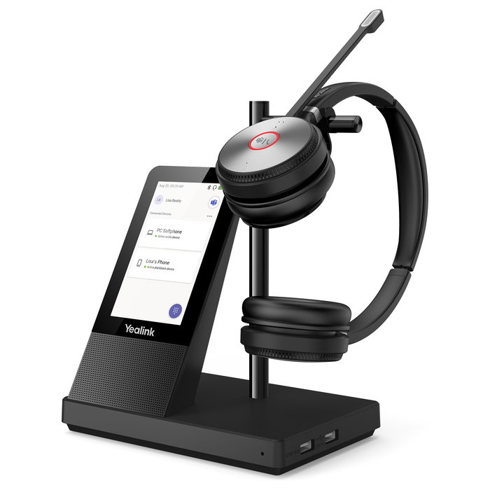 Yealink WH66 Auriculares Diadema Inalámbricos DECT para Microsoft Teams, Doble Micrófono Boom, Bluetooth 4.2, Base con Pantalla Táctil, 14h Batería, Negro