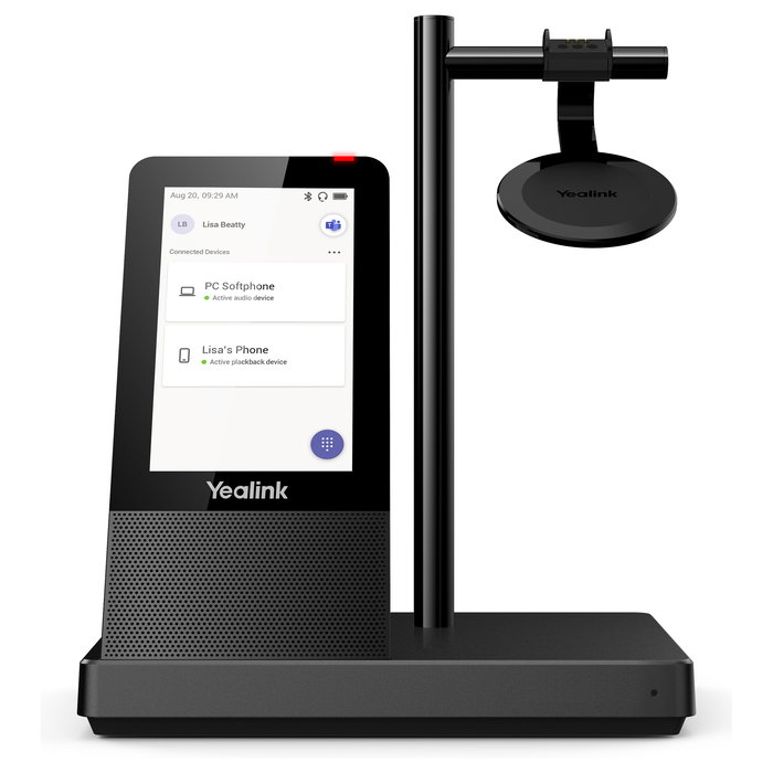 Yealink WH66 Auriculares Diadema Inalámbricos DECT para Microsoft Teams, Doble Micrófono Boom, Bluetooth 4.2, Base con Pantalla Táctil, 14h Batería, Negro