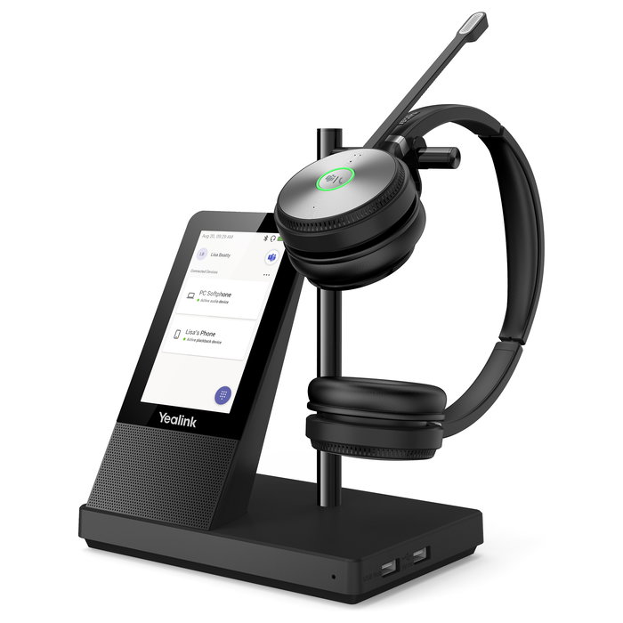 Yealink WH66 Auriculares Diadema Inalámbricos DECT para Microsoft Teams, Doble Micrófono Boom, Bluetooth 4.2, Base con Pantalla Táctil, 14h Batería, Negro