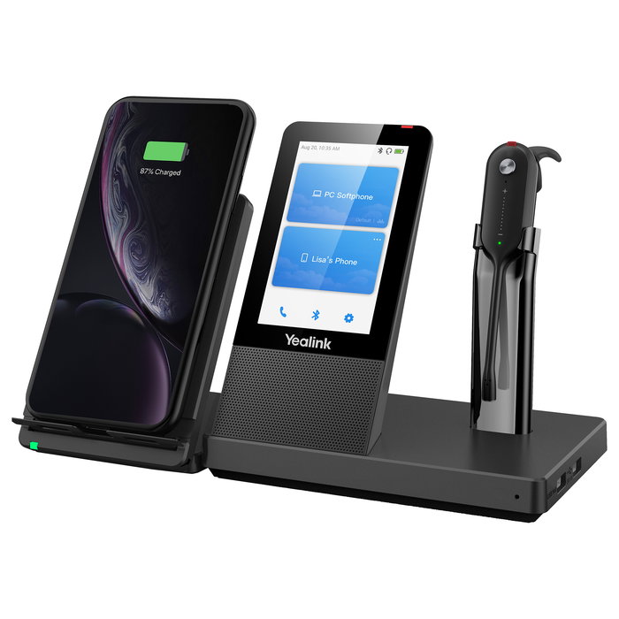 Yealink WH67 UC Auriculares Inalámbricos DECT de Diadema con Micrófono Boom, Bluetooth 4.2, Estación Base con Pantalla Táctil, Negro para Oficina y Centro de Llamadas