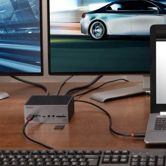 Lindy 43351 Docking Station USB-C con 2x HDMI 2.0, DisplayPort 1.2, Gigabit Ethernet, 4x USB, Lector de tarjetas, Power Delivery 3.0, Gris para Portátil