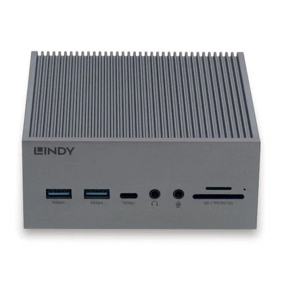 Lindy 43351 Docking Station USB-C con 2x HDMI 2.0, DisplayPort 1.2, Gigabit Ethernet, 4x USB, Lector de tarjetas, Power Delivery 3.0, Gris para Portátil