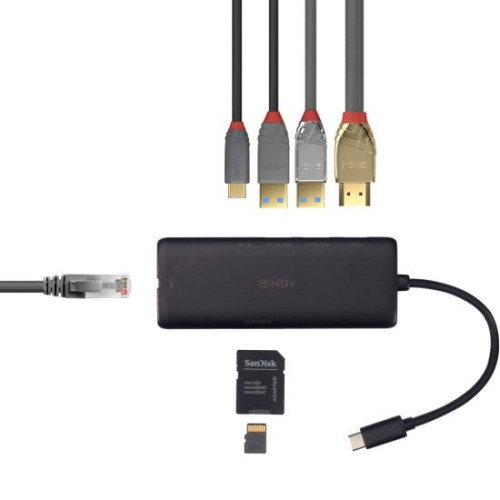 LINDY 43358 Base para Portátil / Repetidor USB-C Hub con Ethernet Gigabit, 100W PD, HDMI 4K, Lector de Tarjetas y 3 Puertos USB - Negro