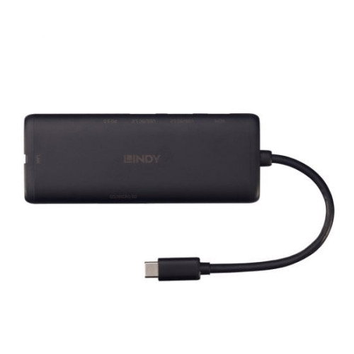LINDY 43358 Base para Portátil / Repetidor USB-C Hub con Ethernet Gigabit, 100W PD, HDMI 4K, Lector de Tarjetas y 3 Puertos USB - Negro