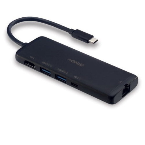 LINDY 43358 Base para Portátil / Repetidor USB-C Hub con Ethernet Gigabit, 100W PD, HDMI 4K, Lector de Tarjetas y 3 Puertos USB - Negro