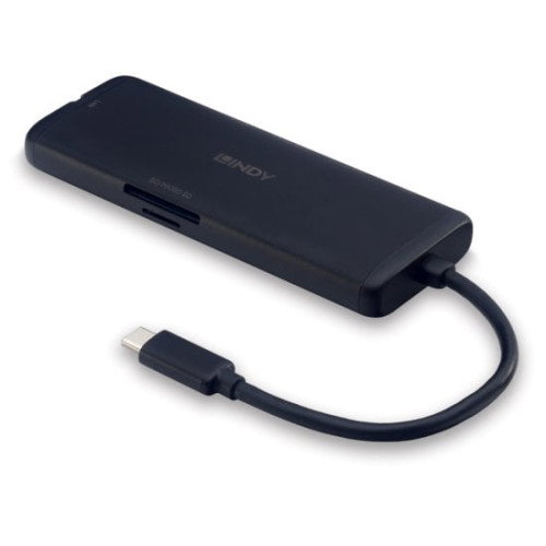 LINDY 43358 Base para Portátil / Repetidor USB-C Hub con Ethernet Gigabit, 100W PD, HDMI 4K, Lector de Tarjetas y 3 Puertos USB - Negro