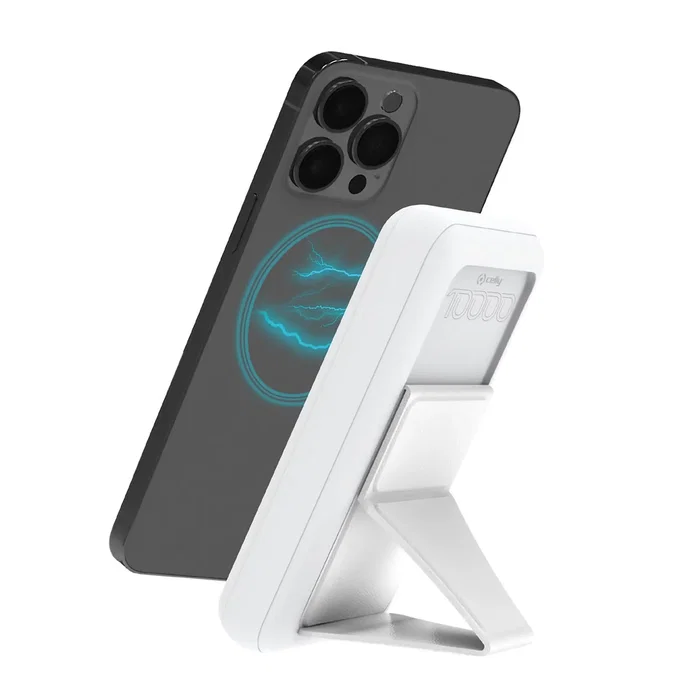 Celly MAGPB10000WH Power Bank Batería Externa 10000 mAh con Carga Inalámbrica Magnética 15W para iPhone 12 en Adelante, Soporte Integrado y USB-C/A - Blanco