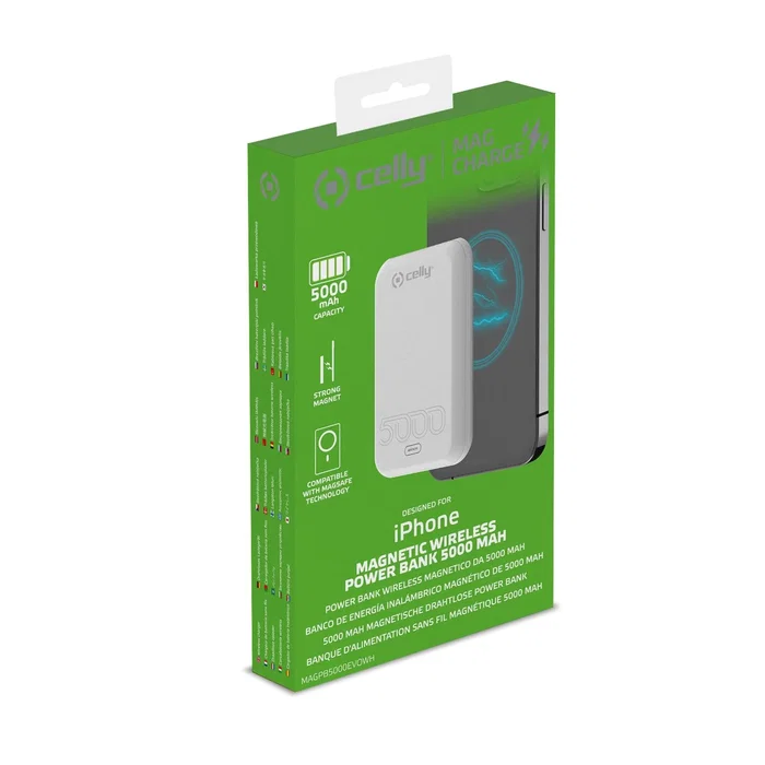 Celly MAGPB5000EVO Power Bank Batería Externa 5000 mAh Cargador Inalámbrico con MagSafe, Compatible con iPhone 12/13/14/15, Soporte Integrado, Color Blanco