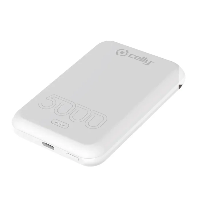 Celly MAGPB5000EVO Power Bank Batería Externa 5000 mAh Cargador Inalámbrico con MagSafe, Compatible con iPhone 12/13/14/15, Soporte Integrado, Color Blanco