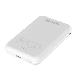 Celly MAGPB5000EVO Power Bank Batería Externa 5000 mAh Cargador Inalámbrico con MagSafe, Compatible con iPhone 12/13/14/15, Soporte Integrado, Color Blanco