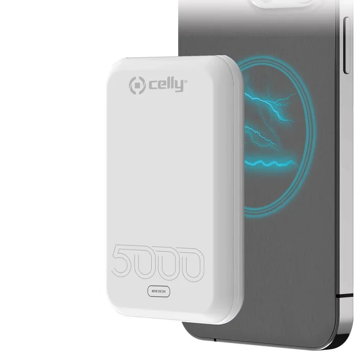 Celly MAGPB5000EVO Power Bank Batería Externa 5000 mAh Cargador Inalámbrico con MagSafe, Compatible con iPhone 12/13/14/15, Soporte Integrado, Color Blanco