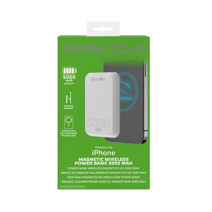 Celly MAGPB5000EVO Power Bank Batería Externa 5000 mAh Cargador Inalámbrico con MagSafe, Compatible con iPhone 12/13/14/15, Soporte Integrado, Color Blanco