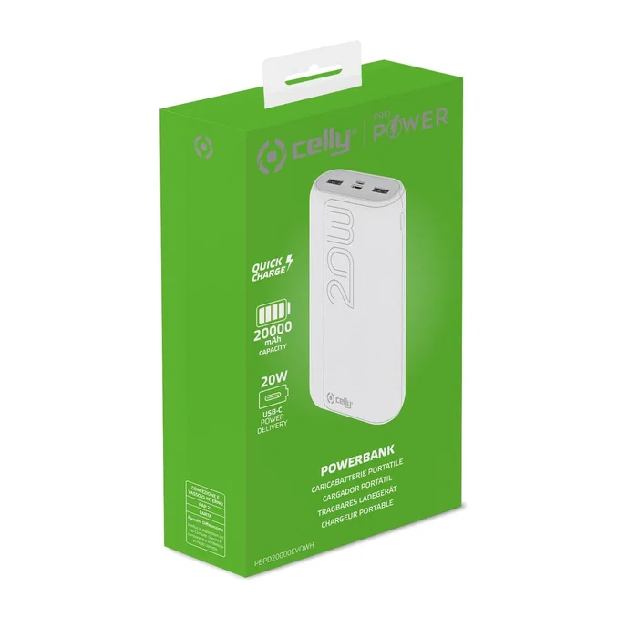 Celly PBPD20000EVOWH Batería Externa Power Bank 20000 mAh con PD 22W, Carga Rápida, 3 Puertos (USB-C, Micro-USB, 2x USB-A), Blanco