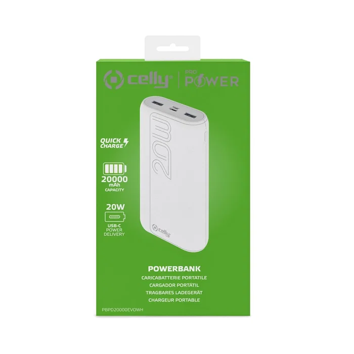 Celly PBPD20000EVOWH Batería Externa Power Bank 20000 mAh con PD 22W, Carga Rápida, 3 Puertos (USB-C, Micro-USB, 2x USB-A), Blanco