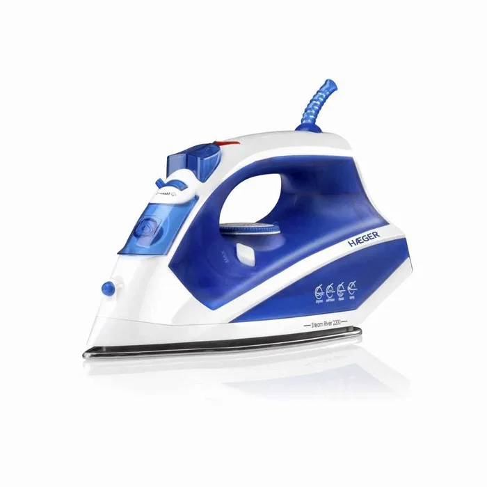 Haeger Steam River 2200 Plancha de Vapor Seco 2200 W Suela Acero Inoxidable Vapor Variable (60 g/min) Autolimpieza Antigoteo Cable 2.2 m Color Azul y Blanco