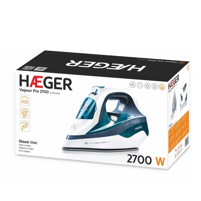 Haeger Vapour Pro 2700 Plancha de Vapor-Seco 2700W, Suela Cerámica Anti-Cal, Vapor Variable 75g/min, Vertical, Depósito 400ml