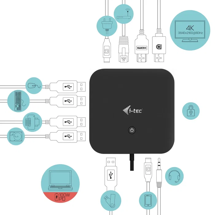 I-tec C31HDMIDPDOCKPD Docking Station USB-C con Power Delivery 100W, HDMI, DisplayPort, Gigabit LAN, 6 Puertos USB, para Doble Monitor 4K 60Hz, Soporte VESA - Negro