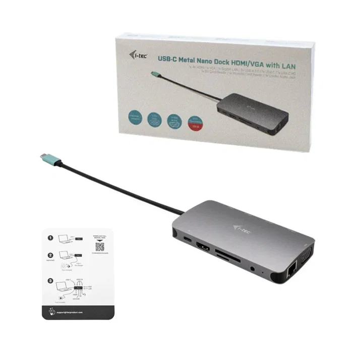 i-tec C31NANOVGA112W Base Portátil Docking Station USB-C con 100W PD, HDMI, VGA, LAN Gigabit, 3x USB 3.0, Lector SD, Audio - Plata