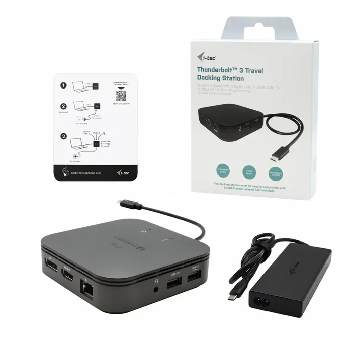 i-tec TB3TRAVELDOCKPD60W Estación de Acoplamiento Thunderbolt 3, Carga 60W, 2x 4K/8K, HDMI, DisplayPort, USB 3.1, Ethernet Gigabit, Incluye Adaptador 77W, Negro