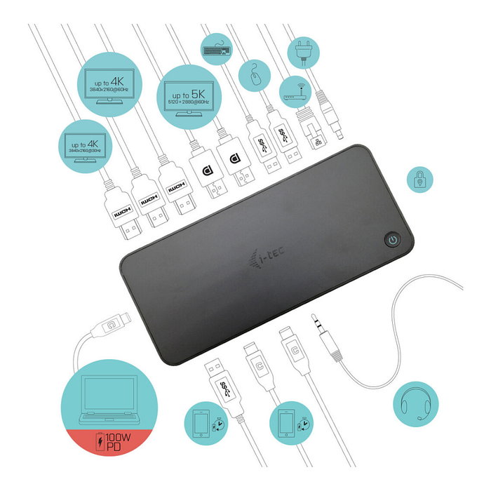 I-TEC Docking Station USB 3.0/USB-C/Thunderbolt con PD 100W, 3x 4K 60Hz para Portátiles