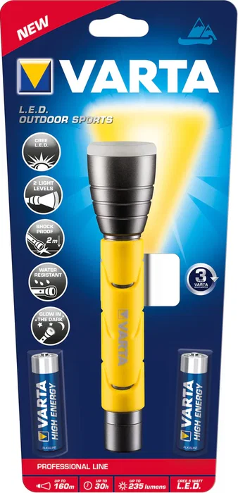 Varta Linterna de Mano LED F20, 235 lm, Alcance 160 m, 2 Pilas AA, Negro y Amarillo