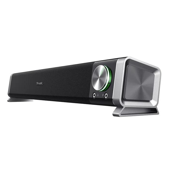 Trust Asto - Barra de Sonido horizontal de 12W para PC y TV, Color Negro/Plata, Control de Volumen, Conexión para Auriculares y Micrófono