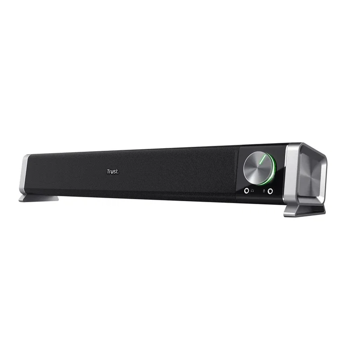 Trust Asto - Barra de Sonido horizontal de 12W para PC y TV, Color Negro/Plata, Control de Volumen, Conexión para Auriculares y Micrófono