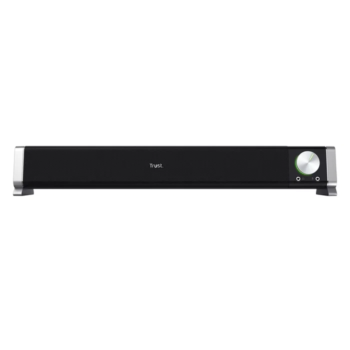 Trust Asto - Barra de Sonido horizontal de 12W para PC y TV, Color Negro/Plata, Control de Volumen, Conexión para Auriculares y Micrófono
