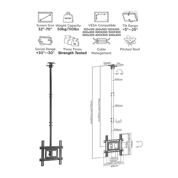 Equip Soporte de Techo para Pantalla 37-70 Pulgadas, Inclinable, Soporte Máximo 50 kg