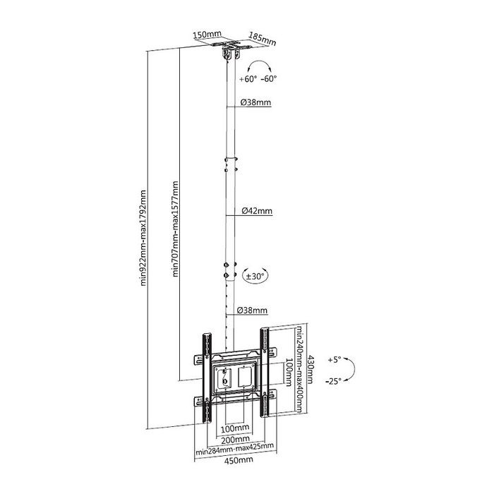 Equip Soporte de Techo para Pantalla 37-70 Pulgadas, Inclinable, Soporte Máximo 50 kg