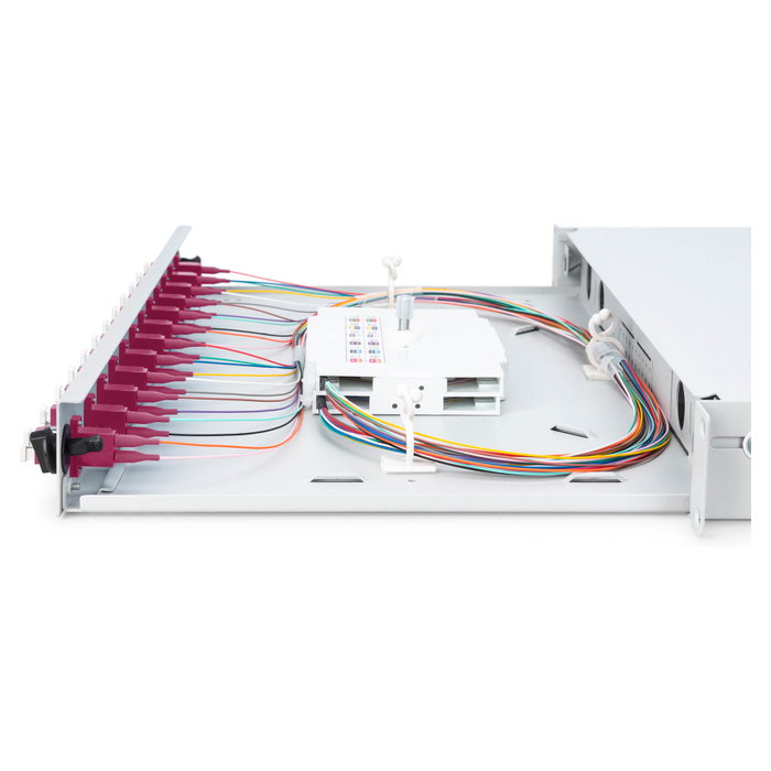 Digitus Caja de Empalme de Fibra Óptica 1U equipada 12x LC DX OM4 Panel Gestión Cables 483x280x44.5 mm Gris Acero