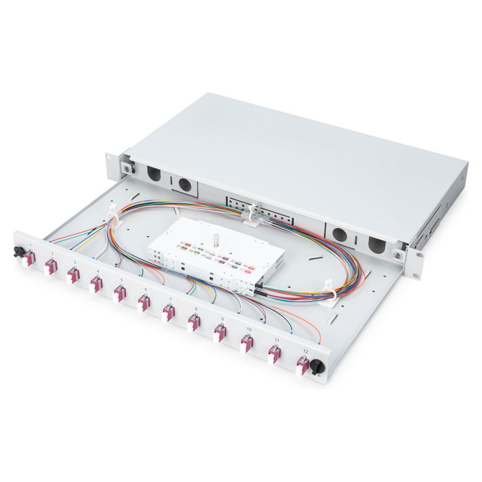 Digitus Caja de Empalme de Fibra Óptica 1U equipada 12x LC DX OM4 Panel Gestión Cables 483x280x44.5 mm Gris Acero