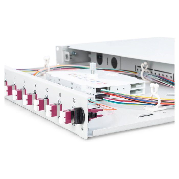 Digitus Caja de Empalme de Fibra Óptica 1U equipada 12x LC DX OM4 Panel Gestión Cables 483x280x44.5 mm Gris Acero