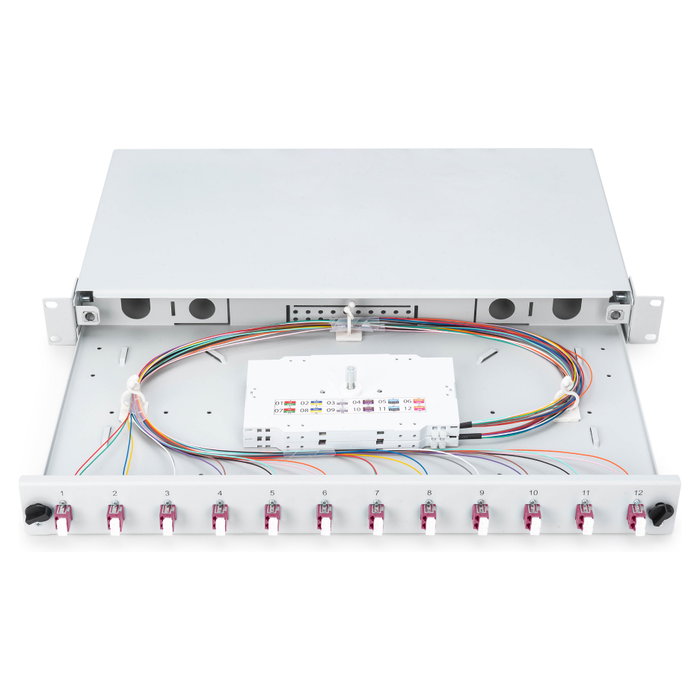 Digitus Caja de Empalme de Fibra Óptica 1U equipada 12x LC DX OM4 Panel Gestión Cables 483x280x44.5 mm Gris Acero