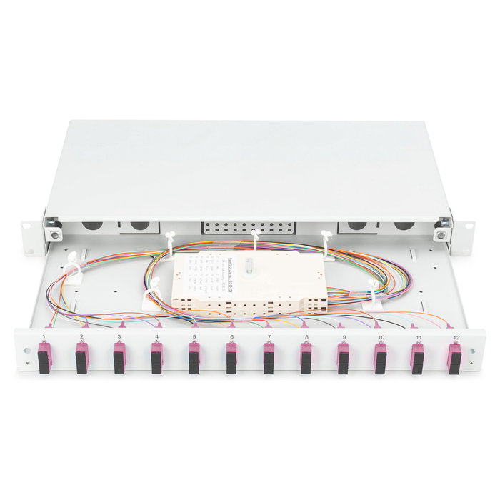 Digitus Caja de Empalme Fibra Óptica 1HE equipada 12x SC-DX OM4 Color Gris 44.5 mm Panel de gestión de cables en acero Digitus Caja de Empalme Fibra Óptica 1HE equipada 12x SC-DX OM4 Color Gris 44.5 mm Panel de gestión de cables en acero
