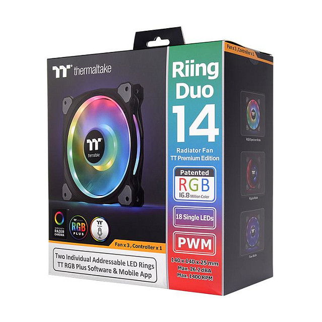 Thermaltake Riing Duo 14 RGB Ventilador para Radiador, 140mm, 3 Unidades, Iluminación LED Thermaltake Riing Duo 14 RGB Ventilador para Radiador, 140mm, 3 Unidades, Iluminación LED