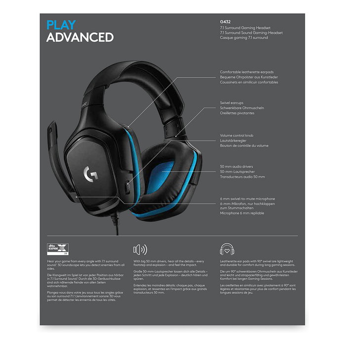 Logitech G432 Auriculares Gaming con Micrófono Negro y Azul