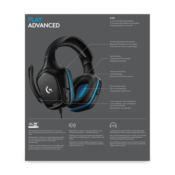 Logitech G432 Auriculares Gaming Diadema Alámbricos 7.1 Surround Sound para PS5, PS4, Nintendo Switch, PC y Mac - DTS Headphone:X 2.0, Micrófono Boom - Negro/Azul - Ref. 981-000770