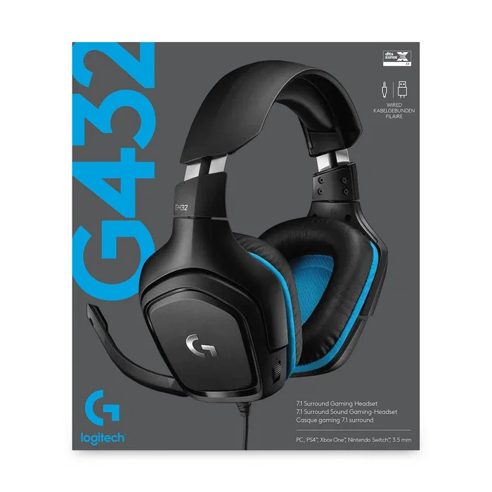 Logitech G432 Auriculares Gaming Diadema Alámbricos 7.1 Surround Sound para PS5, PS4, Nintendo Switch, PC y Mac - DTS Headphone:X 2.0, Micrófono Boom - Negro/Azul - Ref. 981-000770