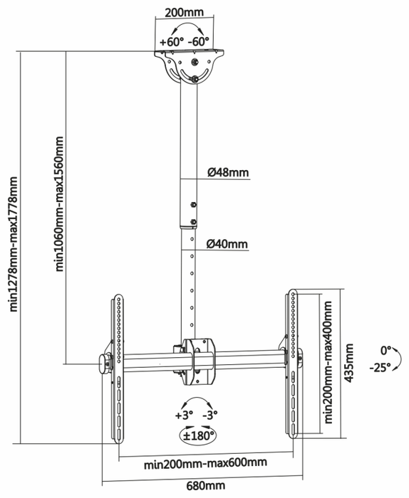 AISENS - SOPORTE DE TECHO PRO GIRATORIO, INCLINABLE, EXTENSIBLE Y NIVELABLE PARA MONITOR/TV 50KG DE DE 37-70