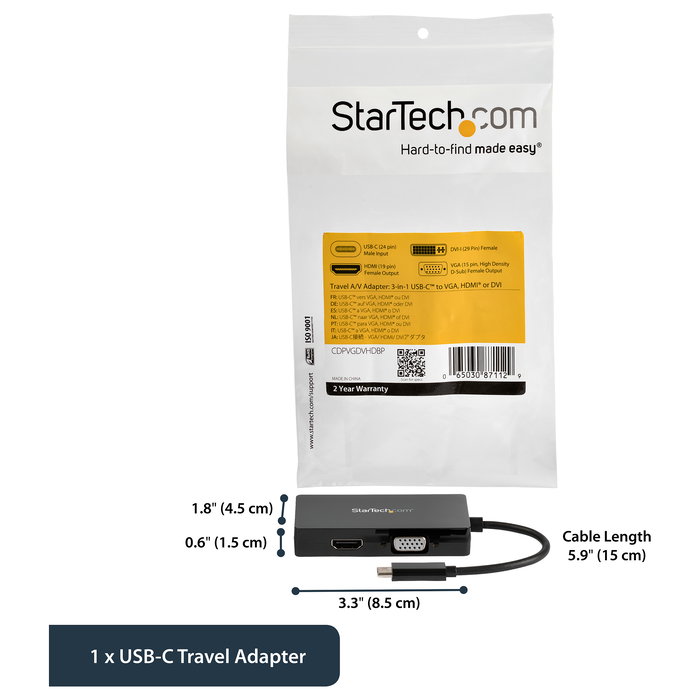 StarTech.com Adaptador USB-C a DVI/HDMI/VGA - Multipuerto 3 en 1, Resolución 4K 3840x2160 a 30Hz, Negro, CDPVGDVHDBP