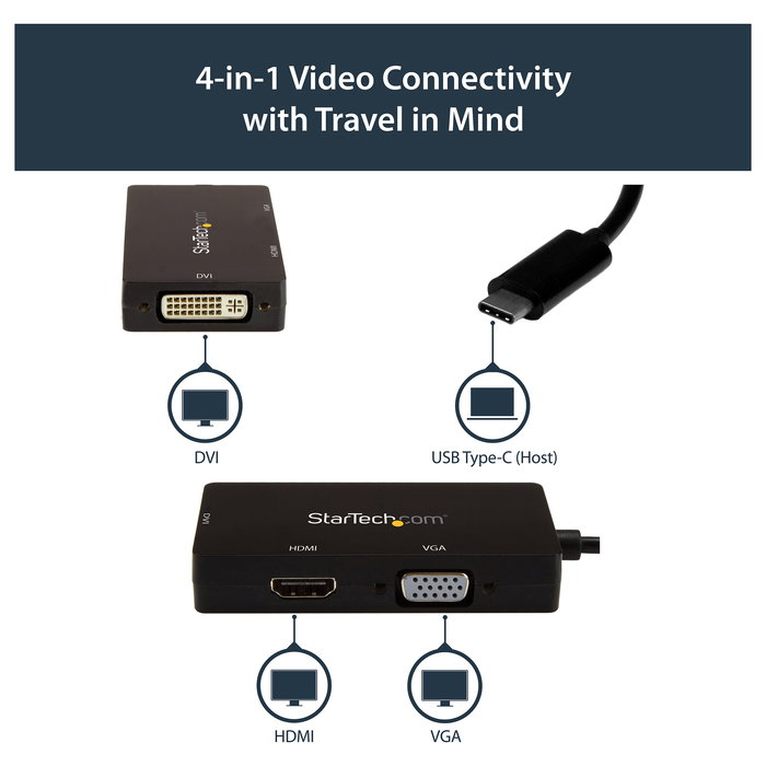 StarTech.com Adaptador USB-C a DVI/HDMI/VGA - Multipuerto 3 en 1, Resolución 4K 3840x2160 a 30Hz, Negro, CDPVGDVHDBP