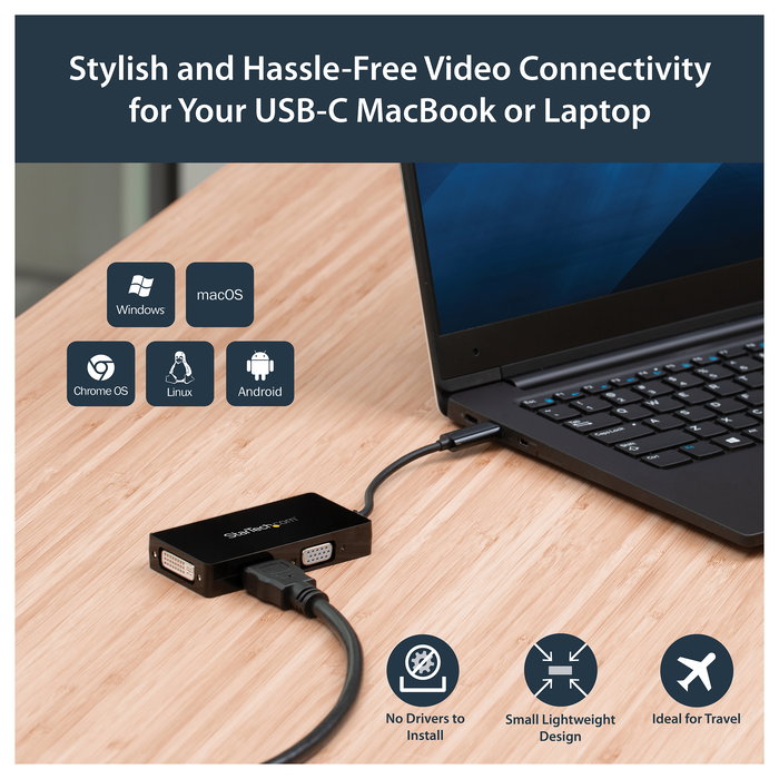StarTech.com Adaptador USB-C a DVI/HDMI/VGA - Multipuerto 3 en 1, Resolución 4K 3840x2160 a 30Hz, Negro, CDPVGDVHDBP